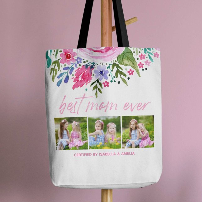Foto der besten Mama je Aquarellmütter Tasche (Best Mom Ever Watercolor Floral Mothers Day Photo Tote Bag)