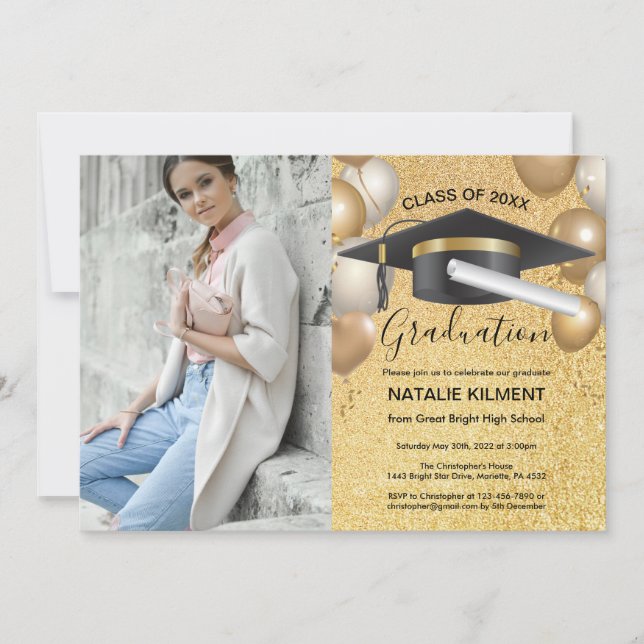 Foto der Black and Gold Graduate Cap Graduation Pa Einladung (Vorderseite)