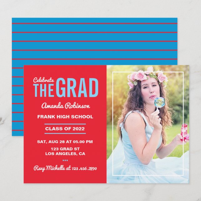Foto der Blue and Cherry Red Graduation Party Einladung (Vorne/Hinten)