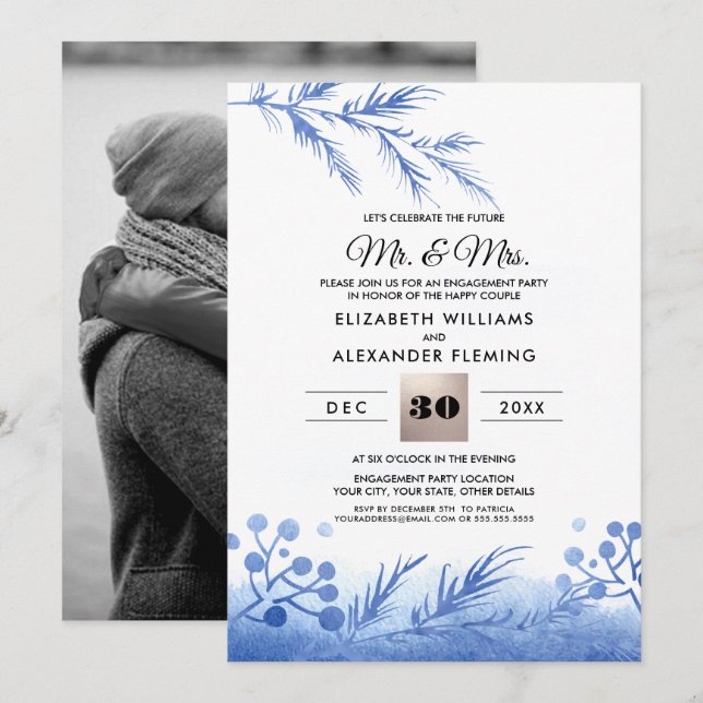 Foto der Blue Winter Forest Engagement Party Einladung (Vorne/Hinten)