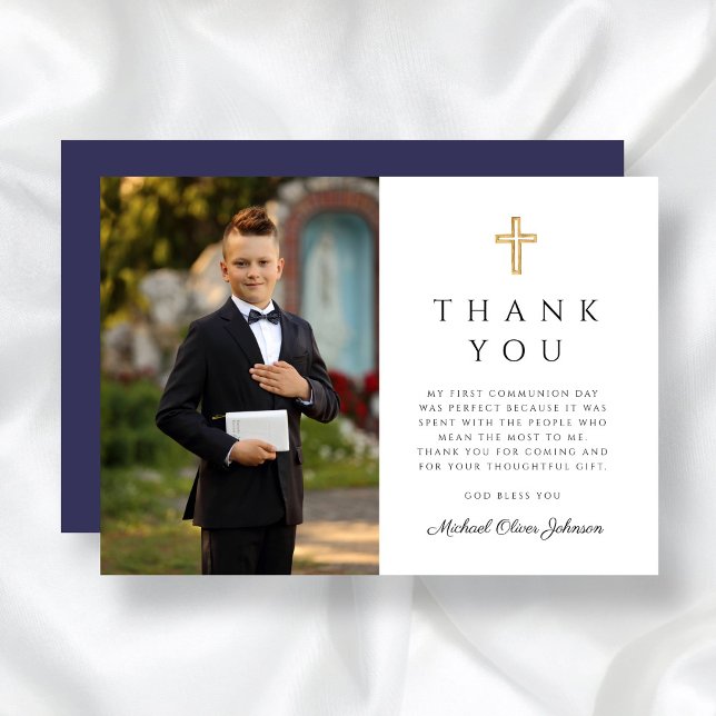 Foto der ersten Kommune Dankeskarte (Navy Blue Cross Boy First Communion Photo Thank You Card)