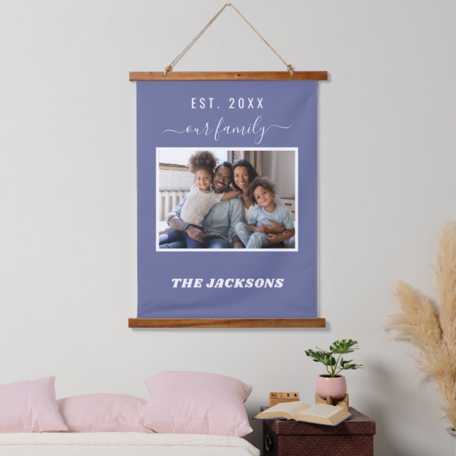 Foto der Familie dunkelblaues Namensskript Wandteppich Mit Holzrahmen (Schlafzimmer)