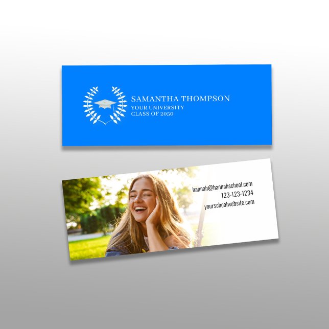 Foto der Graduate Name Card Elegantes Blau und Wei Mini Visitenkarte (Graduation simple name card with photo template in Azure blue school color theme.)