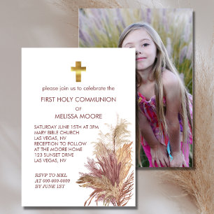 Foto der Heiligen Kommunion Pink Pampas Elegance Einladung