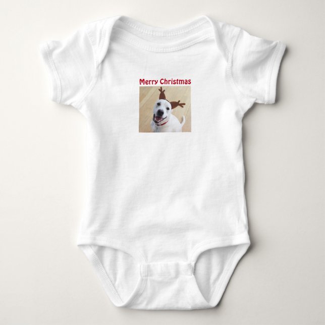 Foto der lächelnden Rentierfresser-Hunde Baby Strampler (Vorderseite)