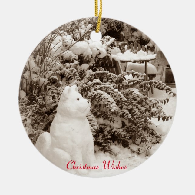 Foto der lustigen Schneehunde-Szene Keramikornament (Vorne)