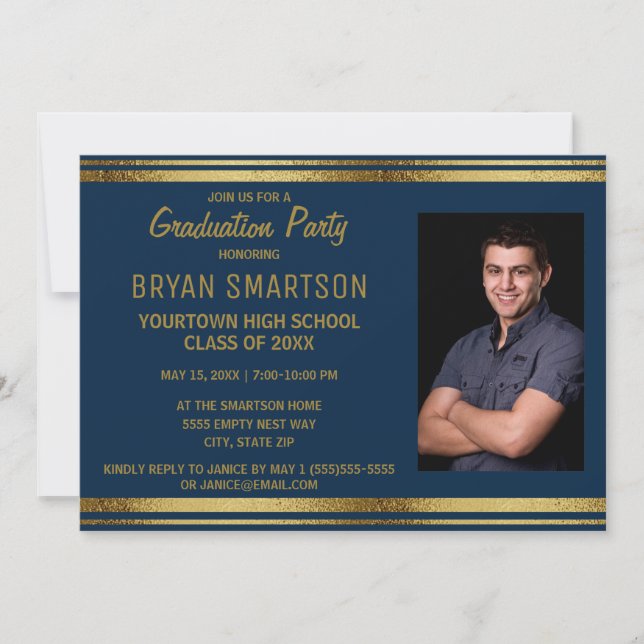 Foto der Navy Blue and Gold Graduation Party Einladung (Vorderseite)