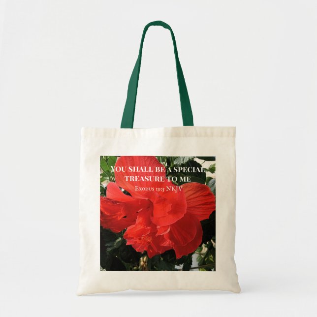 Foto der Orange Double Hibiskus Blume Bible Verse Tragetasche (Vorne)