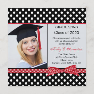 Foto der schwarzen, weißen, roten Polka-Dot-Gradui Einladung