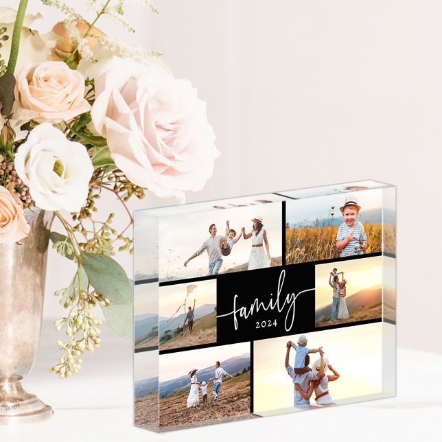 Foto der Schwarzweißfamilie (Black and White Elegant Calligraphy Script Family Photo Collage Photo Block by Simply Said)