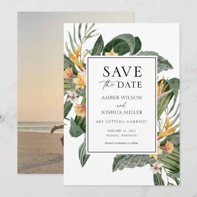 Foto der tropischen Hochzeit in Urlaubsort Save th Einladung (Vorne/Hinten)