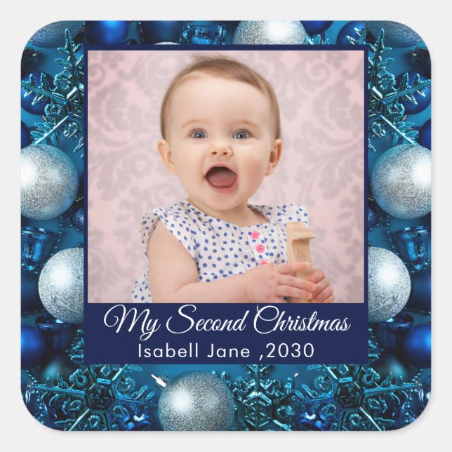 Foto der zweiten Weihnachtsfamilie - Blau Quadratischer Aufkleber (Vorderseite)