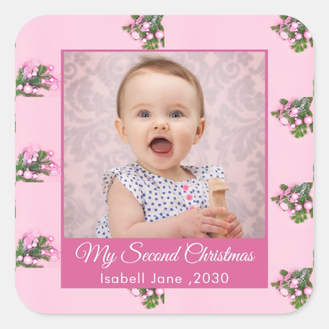 Foto der zweiten Weihnachtsfamilie Pink Quadratischer Aufkleber (Vorderseite)