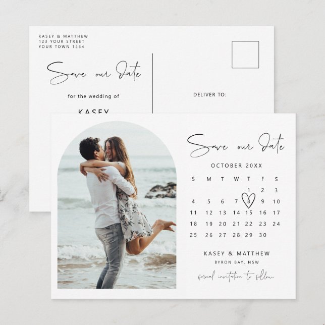 Foto des Bogenkalenders Save the Date Aufforderung Postkarte (Vorne/Hinten)