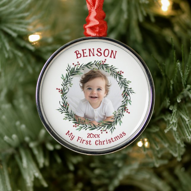 Foto des ersten Weihnachtsjunges Ornament Aus Metall (Baum)