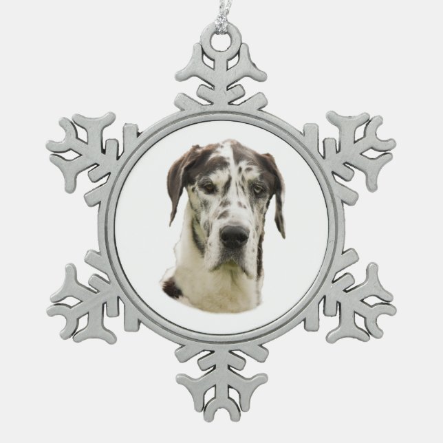 Foto des Harlekin-großen Dänen Hunde Schneeflocken Zinn-Ornament (Vorderseite)