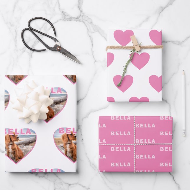 Foto des Hundes Name Rosa Herzstück Geschenkpapier Set (Vorderseite)