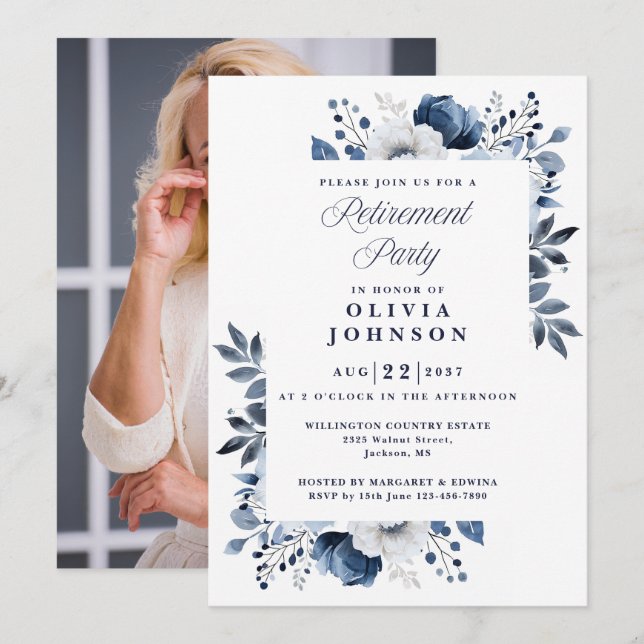 Foto des Navy Blue Elegance Floral Retirement Part Einladung (Vorne/Hinten)