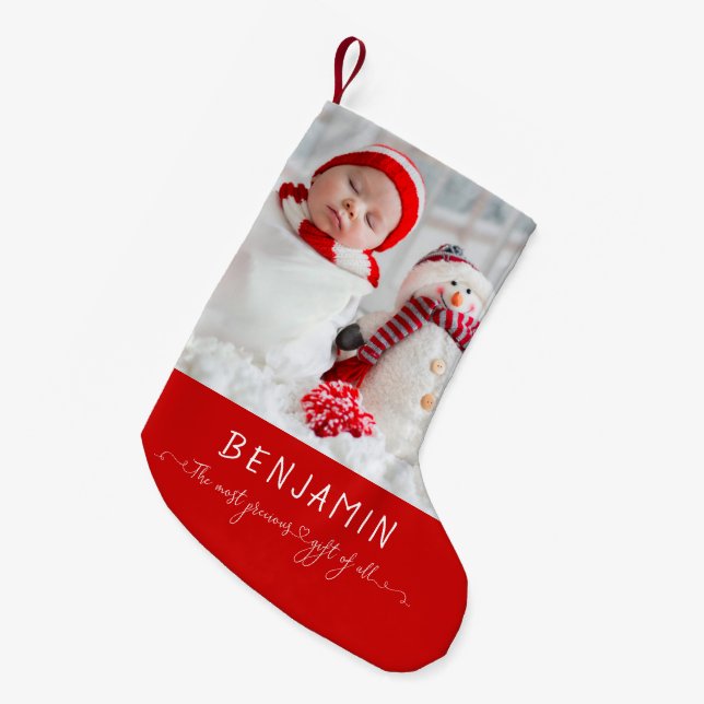 Foto des Neugeborenen, das am Wertvollsten ist Kleiner Weihnachtsstrumpf (Vorderansicht (hängend))