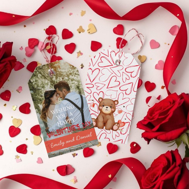 Foto des Wasserfarbenbären Valentinstag personalis Geschenkanhänger (Romantic Photo Valentine Custom Love Keepsake Gift Tags)