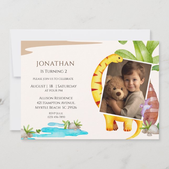Foto Dinosaur Thema Jungle Geburtstag Einladung (Vorderseite)