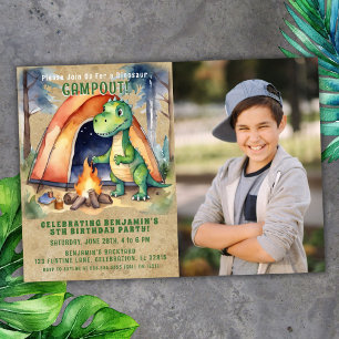 Foto-Dinosaurier-Camping-Übernachtungsparty Geburt Einladung