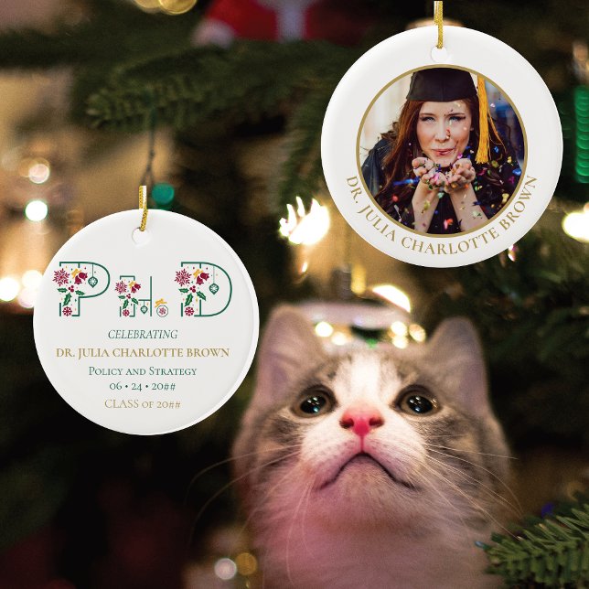 Foto Doktorand Keepake Weihnachtsgeschenk Keramik Ornament (Gift for PhD Graduate, PhinisheD First Christmas as a Doctor, Personalized PhD Degree Photo Ornament)