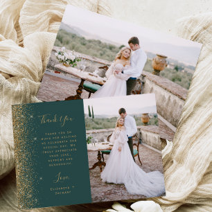 Foto Dunkelgrün Gold Glitter Schrift Hochzeit Dankeskarte