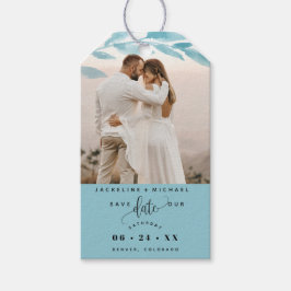 Foto, dusty Blue Blätter Hochzeitssache speichern Geschenkanhänger