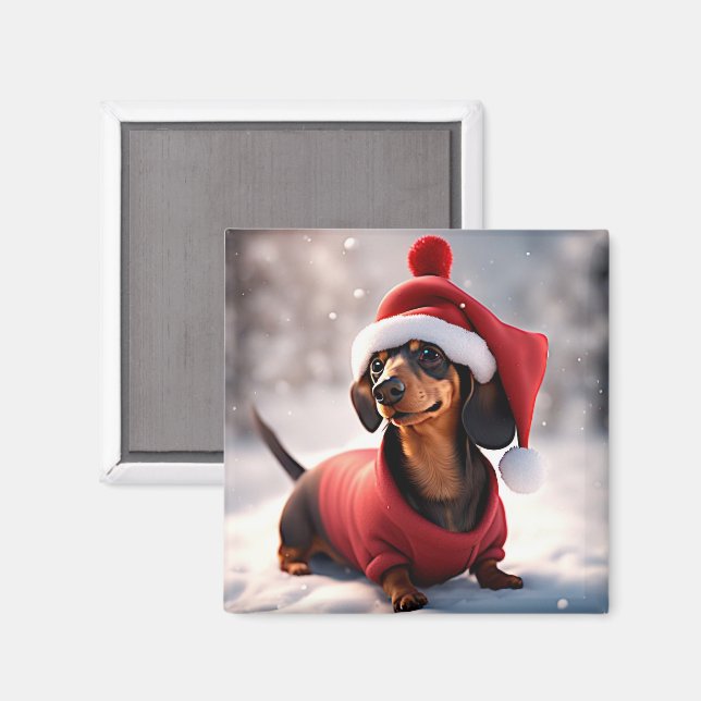Foto einer Dackel mit Weihnachtshut Magnet (Vorderseite/Rückseite)