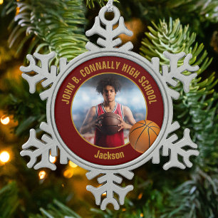 Foto eines Basketballspielers in Maroon Gold Schneeflocken Zinn-Ornament