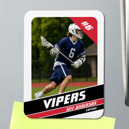 Foto eines energiegeladenen roten weißen Lacrosse- Magnet