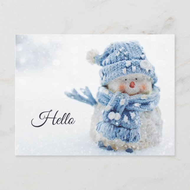 Foto eines Niedlichen Schneemans im Winter - Hallo Postkarte (Vorderseite)