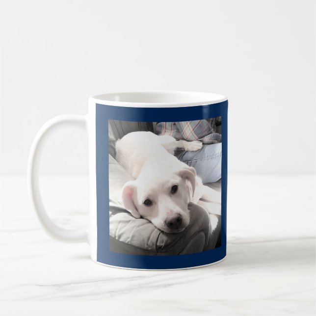 Foto eines Niedlichen weißen Hundes mit Vater, der Kaffeetasse (Links)