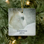 Foto eines schönen Weißen Pferdes im Winter Keramikornament<br><div class="desc">Weihnachtsschmuck mit einem friedlichen Foto mit einem wunderschönen weißen Pferd. Ein zauberhafter Winterschneefall verleiht dem Bild eine wunderbare mystische Qualität.</div>