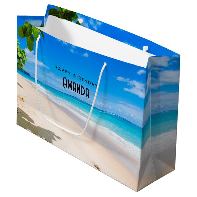 Foto eines sonnigen tropischen Strandes zum Geburt Große Geschenktüte (Vorderseite Schrägansicht)