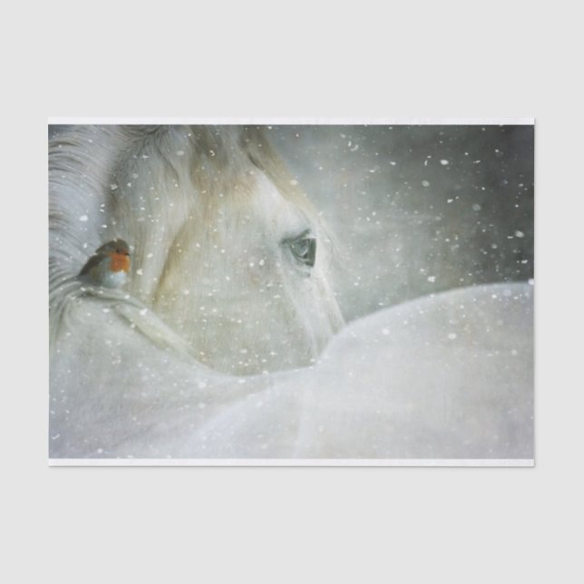 Foto eines Weißen Pferdes und Vogels im Winter Seidenpapier (Vorderseite)