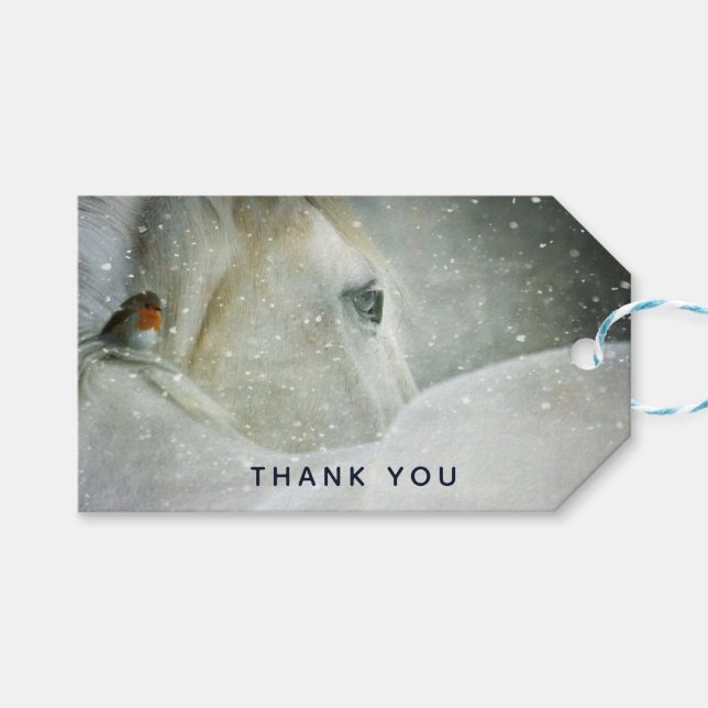 Foto eines Weißen Pferdes & Vogels im Winter Viele Geschenkanhänger (Vorderseite (Horizontal))