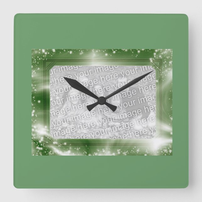 Foto Einfügen von Rahmen in grüne Glitzern Quadratische Wanduhr (Vorderseite)