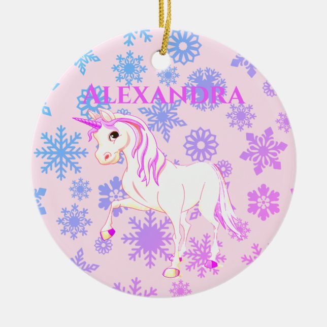 Foto Einhorn Weihnachten Schneeflocken Niedlich Ro Keramik Ornament (Vorne)
