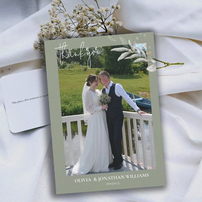 Foto Elegant Botanische Hochzeit Dankeschön-Karte Einladung (sage green photo wedding thank you card)