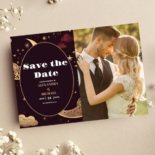 Foto Elegant Burgundy Gold Celestial Wedding Save The Date