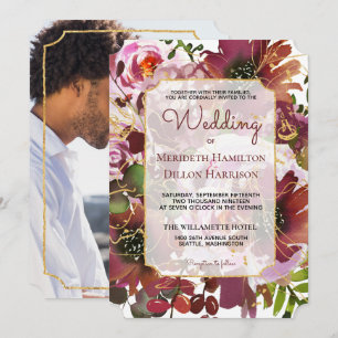 Foto Elegant Burgundy Gold Pink Boho Wedding Einladung