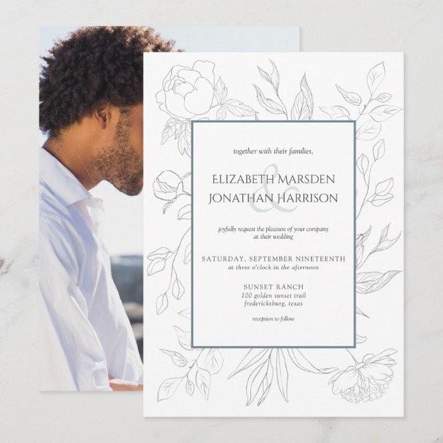 Foto Elegant Dusty Blue Line Zeichnend Blumen Einladung (Vorne/Hinten)