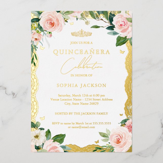 Foto Elegant Gold Spitzen Rosa Blumenkohl Quincean Folieneinladung (Vorderseite)