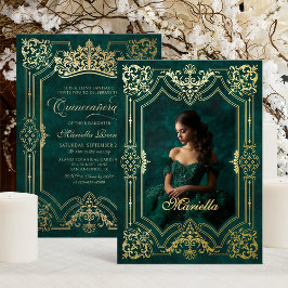 Foto Elegant Green Crown Tiara Royal Quinceanera Folieneinladung