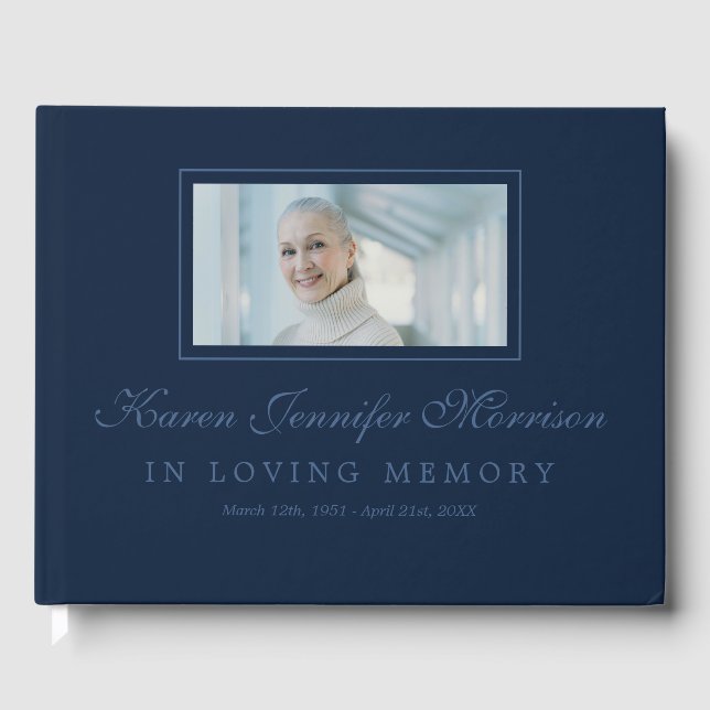 Foto Elegant Script Navy Blue in Love Memory Gästebuch (Vorderseite)
