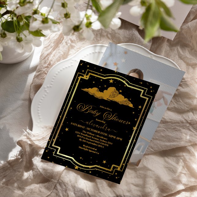 Foto Elegante Black Gold Celestial Baby Dusche Einladung (Von Creator hochgeladen)