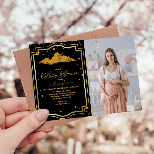 Foto Elegante Black Gold Celestial Baby Dusche Einladung (Von Creator hochgeladen)