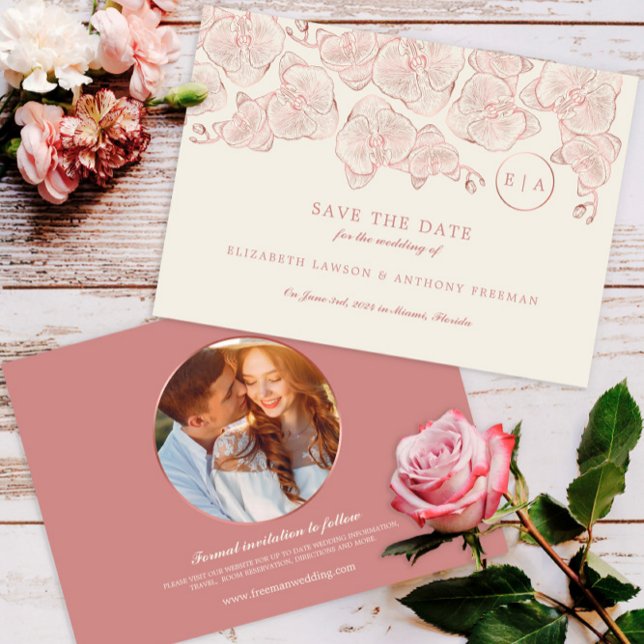 Foto, elegante Dusty Rose Blumenhochzeit Save The Date (Von Creator hochgeladen)